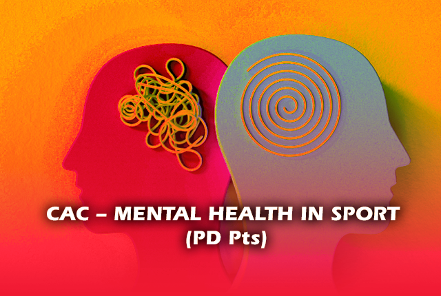 Two back to back of a person profile cut outs representations of heads, one pink unorganized thoughts and one blue organized thoughts. Written front of the image: Can - mental health in sport (PD Pts)