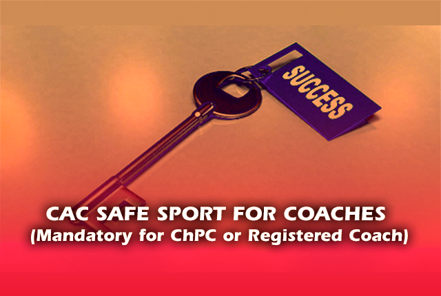 Long old time key with a blue label written success in yellow. Written front of the image: Cac safe sport for coaches (Mandatory for ChPC or Registered Coach)