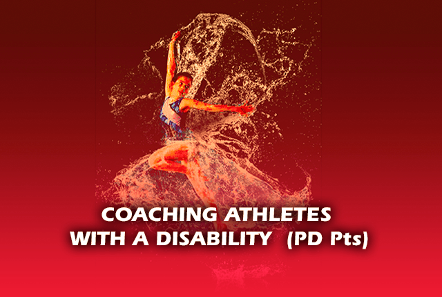 Young girl gymnast moving forward spreading her arm with a splash of water looking as wings. Written front of the image : Coaching athletes with a disability (PD Pts)