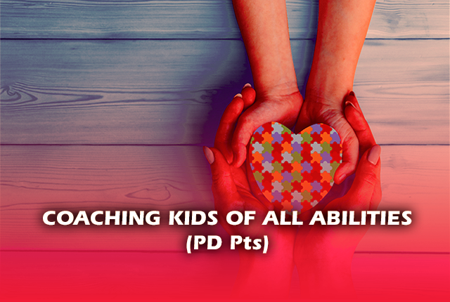 A heart made out of puzzle pieces being held by 2 kid's hand while being held by 2 woman's hand. Written front of the image: Coaching kids of all abilities (PD Pts)