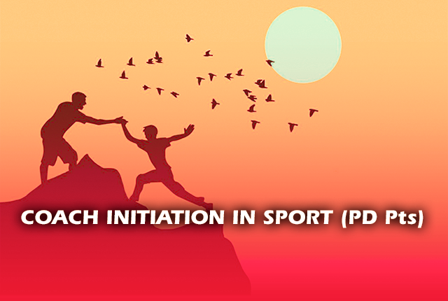 All in silhouettes, a man reaching the top of the mountain tapping the hand of the man waiting for him at the top. Written front of the image: Coach initiation in sport (PD Pts)