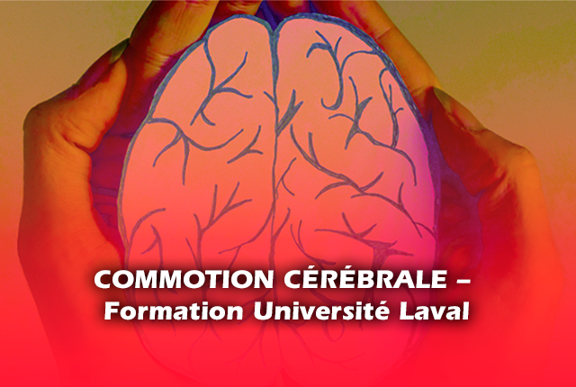 Deux mains placées pour contenir un découpage de papier construction d'un cerveau avec écrit en avant plan commotion cérébrale - formation Université Laval