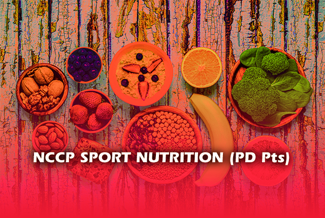Multiple bowls of food (brocoli, strawberries, almonds, etc) with a banana, 1 orange and 1 grapefruit deside. Written front of the image: NCCP sport nutrition (PD Pts)