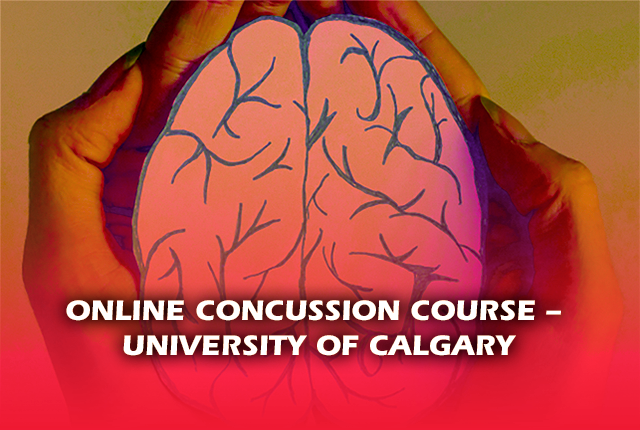 Representation of a brain being gently held by 2 woman's hands. Written front of the image: Online concussion course - University of Calgary