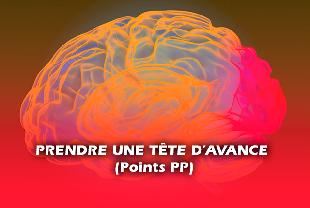 Représentation d'un cerveau multicolore avec transparence. Écrit en avant plan Prendre une tête d'avance (points PP)