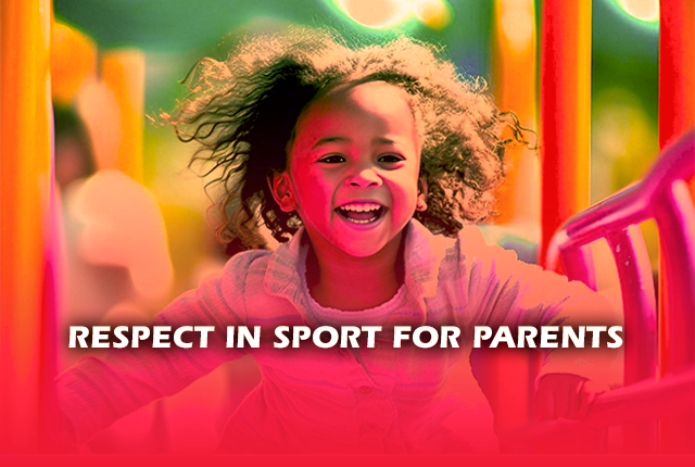 Little girl smiling and running on a park play module towards the camera. Written front of the image: Respect in sport for parents