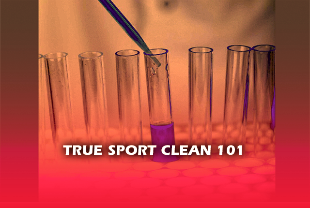 7 test tubes with one of them with blue liquid in it and having a pipet taking a sample out of it. Written front of the image: True sport clean 101